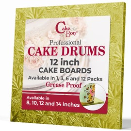 Cakebon Cakebon Cake Boards Square - Sturdy 1/2 Inch Thick Drums - 12 Inch Professionally Wrapped Edges Gold 3-Pack