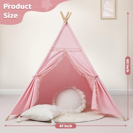 Sumbababy Teepee Tent for Kids Indoor – 100% Cotton Canvas Play Tent with Tassel Trim, Foldable Toddlers Tent for Girls, Ideal Gift with Star Lights, Banner & Carry Bag (Pink)