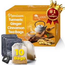 TOG999, Premium 10 Tea Bags Turmeric, Ginger, Cinnamon, 100% Natural, Hand-made Blend of Turmeric, Ginger, and Cinnamon Herbal Tea. Eco-conscious Tea Bags. No Sugar, No Caffeine, No Gluten, Vegan.