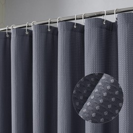 OVZME Long Fabric Shower Curtain Set, Waffle Textured Shower Curtain for Bathroom - Weight 230GSM Heavy Duty Hotel Spa Luxury Bath Curtain Set with 12 Plastic Hooks, 72x78, Grey