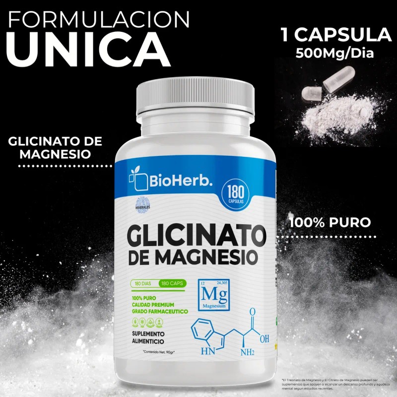 Glicinato De Magnesio 100% Puro Bioherb 180 Cápsulas 500mg Sabor