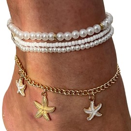 Riymusry 4Pcs Pearl Bead Anklet Bracelet Set,Multi-layered Pearl Anklets,Bikini Gold Starfish Foot Chain Boho Elastic Beaded Leg Bracelet Jewelry for Women