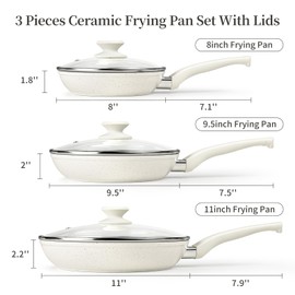 Ceramic Frying Pan Set with Lids - Non Stick Frying Pan with Lids, White Frying Pans Nonstick With Lid, Induction Skillet Set Egg Omelet Frying Pan W/Lid, Healthy No Toxic Cookware Set, PFOA&PFAS Free