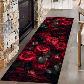 Rose Runner Hallway Rug, 2x7ft 3D Red Rose Hallway Carpet, Washable Living Room Carpet, Comfortable Romantic Bedroom Bedside Balcony Home Interior Decoration Non-Slip Large Rug - Black