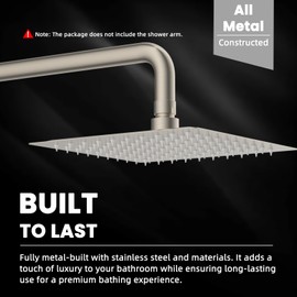 Hibbent All Metal 8 Inch Shower Head, High Pressure Stainless Steel Rain Showerheads, Bathroom Rainfall Showerhead with Ultra-thin Design, Adjustable Brass Ball Joint, Silicone Nozzles, Brushed Nickel