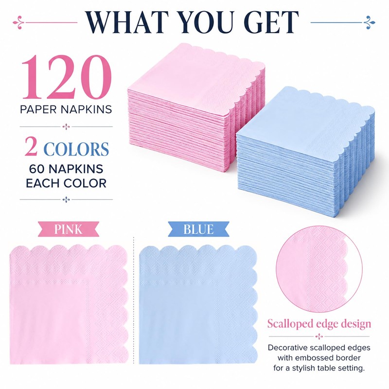 120 Pcs Pink and Blue Napkins,Gradient Pink and Blue Scalloped