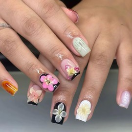 Summer Press on Nails Short Square Fake Nails with French Tip Flowers Embossed Pattern Rhinestones Stick on Nail Shiny Full Cover Acrylic False Nails Designs Cute Glue on Nail for Women Manicure