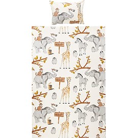 Erwin Müller Children's Bed Linen Zoo Animals Renforcé – Temperature Regulating, Durable, with Practical Zip – Zoo Animals Size 135 x 200 cm (40 x 80 cm)