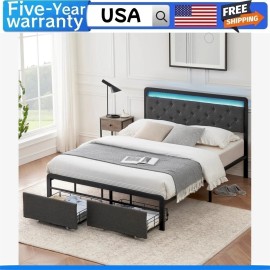 Merxeng ⏯Queen Bed Frame Platform Bed Frame with LED Lights Upholstered with 2 Drawers