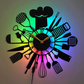Kitchen Wall Clock with Led Light, Black Retro Vinyl Record Decor for Modern Dining or Living Room, Home Art Decorations, Fork, Spoon, Utensils and Cutlery Gifts for Cooks, Bakers and Chefs