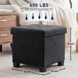 Ornavo Home 15 Inch Folding Storage Ottoman with Storage, Square Cube Linen Small Storage Ottoman Foot Rest Stool with Legs - Charcoal Gray
