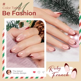 Modelones Christmas Press on Nails Almond, Short Red French Tip Fake Nails Chrome, Reusable Nail Kit with Nail Glue Adhesive Tabs Mini Nail File, Nails Press Ons 32Pcs 16 Sizes