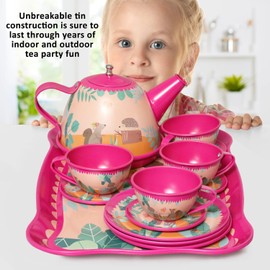 Kiddie Play Tea Set for Little Girls, Pretend Play Tea Party Set, Squirrel Design Kids Tin Tea Set with Carrying Case (15 Pcs)