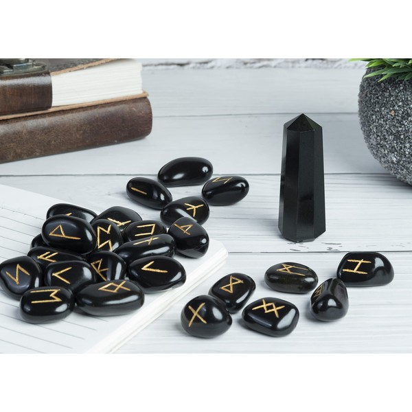FASHIONZAADI Natural Black Tourmaline Crystal Rune Set, Engraved Alphabet with Hexagonal Gemstone Wand, Single Stone Pointer Stick for Reiki Healing Best Gift Set