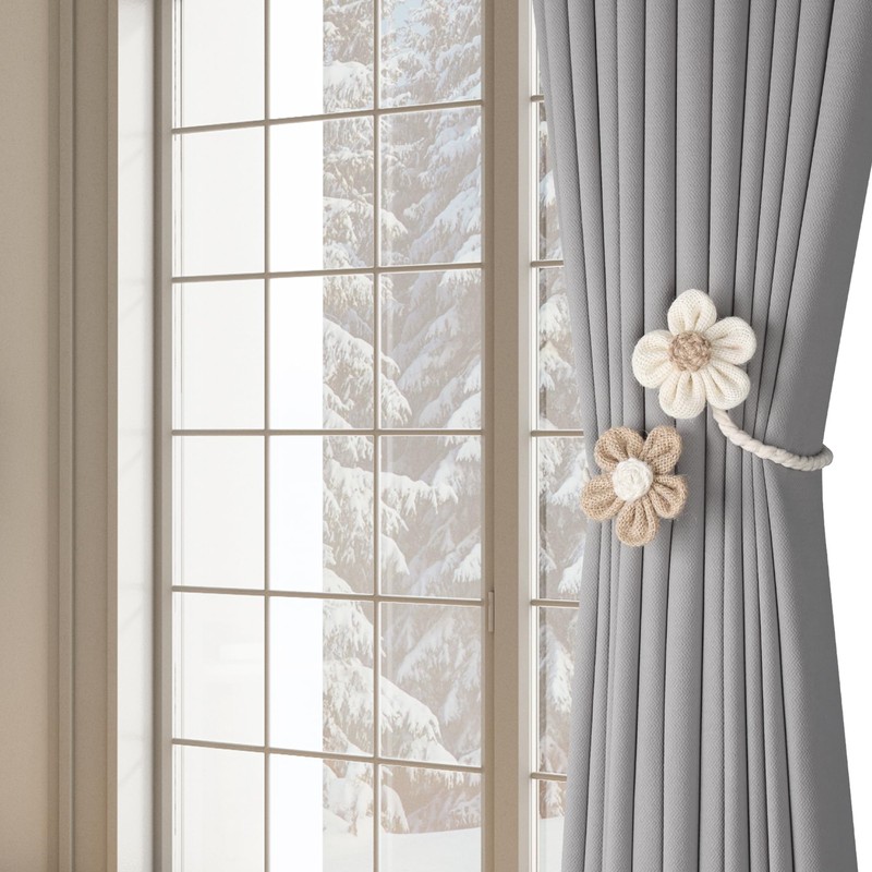 Meplait 4 Pack Flower Curtain Tiebacks, Boho Curtain Holdbacks, Beige&Khaki
