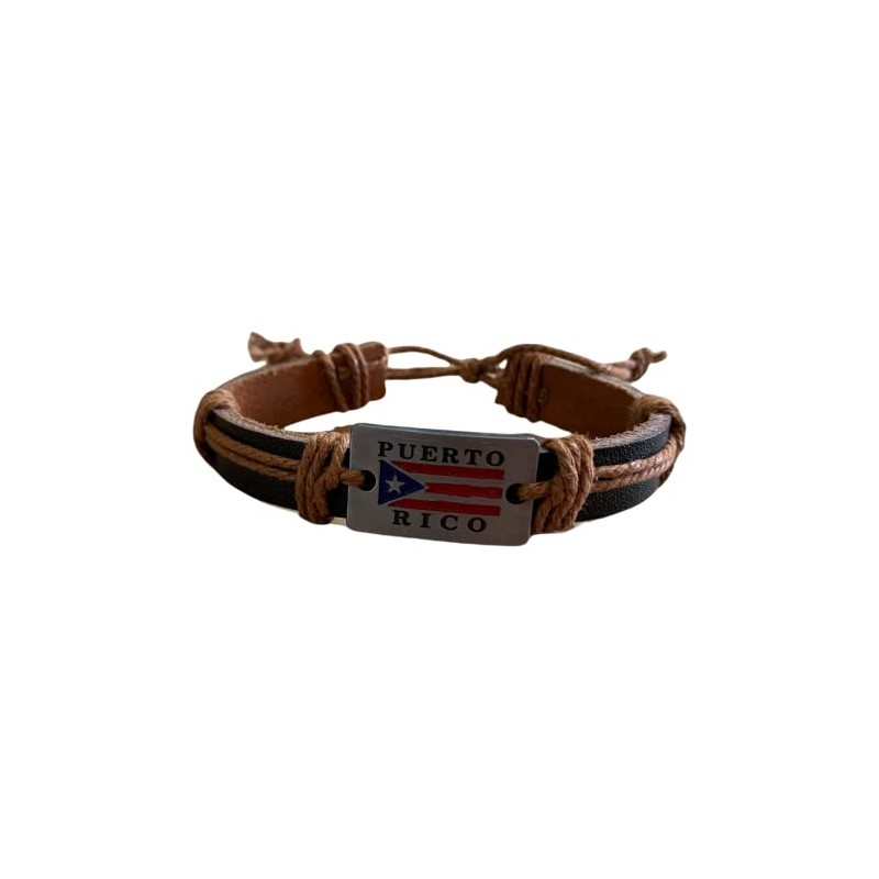 XANDER T Leather Bracelet Black Puerto Rico Flag Metal Plaque