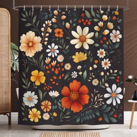 Dazzlewall Black Floral Shower Curtain, Boho Colourful Flower Vintage Farmhouse Bathroom Curtain 180x180cm, Waterproof Mould Resistant Fabric with 12 Hooks