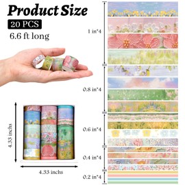 NOGAMOGA 20 Rolls Vintage Washi Tape Set, 0.2/0.4/0.6/0.8/1 in Wide Flowers Decorative Adhesive Tapes for Journaling, Scrapbooking Supplies, Bullet Journals, Junk Journal, DIY Crafts (Blue)