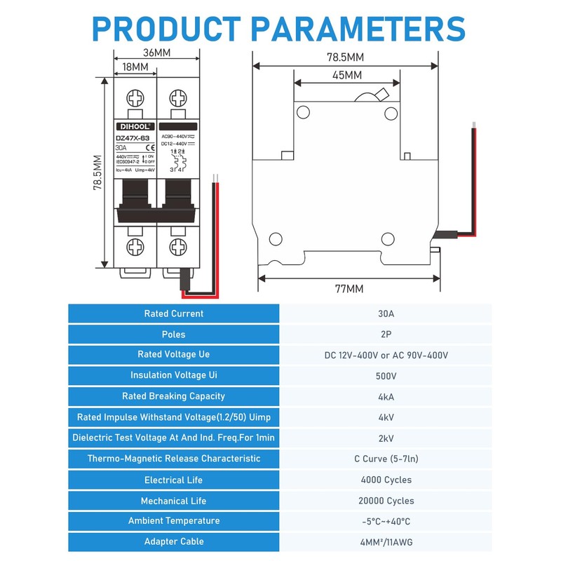 DIHOOL 30A DC Circuit Breaker with Remote Control, 12V-400V DC