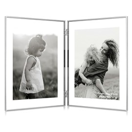 RICHFOCUS 8x10 Double Floating Picture Frame, Floating Display for 5x7 6x8, Hinged Folding Beaded Metal Picture Frames with Real Glass, Tabletop Photo Frame for Multiple Size, for Home Decor, Silver