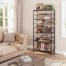 MAHANCRIS 10-Tier Shoe Rack, Shoe Organizer for Entryway, Large Capacity Shoe Shelf, for 36-40 Pairs of Shoes, Stable Sturdy, Shoe Storage with 9 Metal Mesh Shelves, Rustic Brown SRHR1101Z