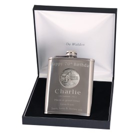 70th Birthday Engraved Hip Flask Lawn Bowls Feature in Gift Box