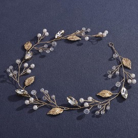 Lenjicons Golden Rhinestone Leaf Headband Faux Pearls Rhinestone Beads Bridal Hair Vine Leaf Pearls Wedding Hair Vine Handmade Bridal Headpiece for Women