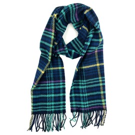 Plum Feathers Plaid Check and Solid Cashmere Feel Winter Scarf, Warm Scarfs, Cold Weather Accessories, Fringe Scarves (Navy Turquoise Plaid)