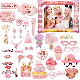 40th Birthday Photo Booth Props, Rose Gold Birthday Decorations for Women, Giant Inflatable Selfie Frame, 33PCS Birthday Party Photo Props for 40th Birthday Party Decorations and Gifts