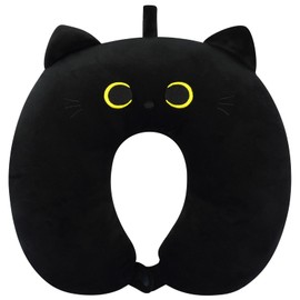 MUFEIRUO Black Cat Neck Pillow Children, Soft Animal Travel Pillow Children Sleeping Neck Pillow Aeroplane Neck Pillow for Car Cute Children U-shaped Neck Squirrel for Long Travel