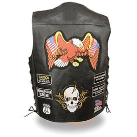 Men's Motorcycle Classic PRE- Patches Real Leather Vest Side Laces Black New (XL)