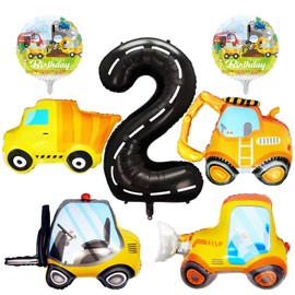 7 Pcs Construction Balloons 40 Inch Number 2 Foil Balloons Excavator Truck Forklift Bulldozer Construction Birthday Balloons for Boys Construction Themed 2nd Birthday Truck Party Decorations Supplies
