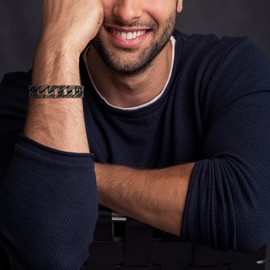 HZMAN Cuban Link Chain Cuff Bracelets for Men Adjustable Retro Open Metal Stainless Steel Bangle Bracelets