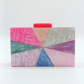 Anopo Women's Acrylic Clutch Purse Colourful Geometric Marbling Evening Bag Handbag Box Bag with Removable Chain, G Pink