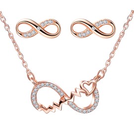 CPSLOVE Women's girl's Necklace, Women's girl's Earrings, 925 sterling silver jewelry set, Infinity symbol necklace pendant, Infinity symbol earrings studs, Inlaid shiny zircon, rose gold
