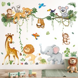DECOWALL Jungle Animals Wall Sticker Safari Tree Branch Removable Peel and Stick Nursery Decal Baby Kids Room Home Decor Giraffe Lion Elephant Monkey SG2-2501
