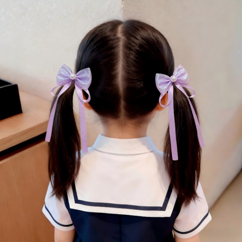 【2 個セット】子供用 蝶々リボン ヘアゴム パープル 可愛い サテンリボン キッズ ヘアアクセサリー 滑り止め