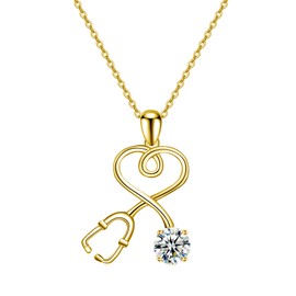 AOBOCO Stethoscope Diamond Necklace Sterling Silver 1 Carat D-F Color Moissanite Diamond Pendnat Necklace Gifts for Nurse Doctor Medical RN (Yellow Gold)