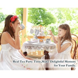 DUJUST 21 pcs Small Tea Set of 6, Gray Marble Texture with Handcraft Golden Trim, Fine Porcelain Tea pot Set for Kids&Adults, 1 Glass Teapot(22oz), 6 Cups(4oz), 6 Saucers, 6 Spoons, 1 Shelf&1 Warmer