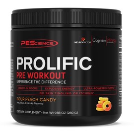 PEScience Prolific - Polvo para preentrenamiento, caramelo de melocotón ácido, 40 cucharas, suplemento energético con óxido nítrico, sabor distintivo KK Fit