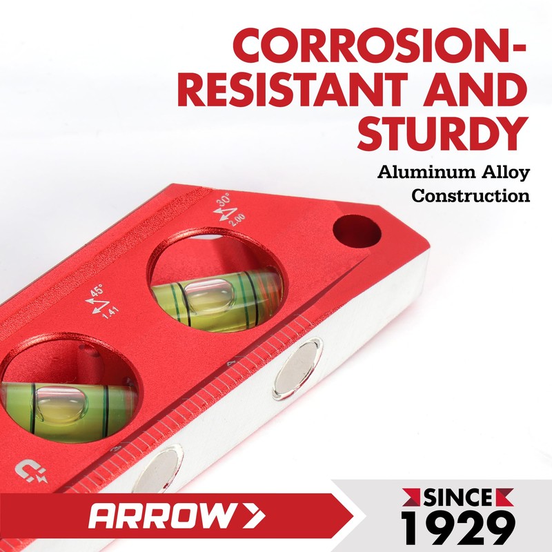 ARROW 6.3-Inch Torpedo Level, Magnetic Leveler with 0°/30°/45°/90° Bubbles, Top-view
