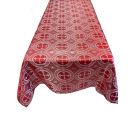 New Creations Fabric & Foam Inc, Rectangular Metallic Cross Brocade Jacquard Satin Tablecloth Overlay/Religious Brocade/Liturgical Fabric/Church. (Red-Silver, 60" Inches x 144" Inches)