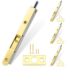 Hicarer 4 Pcs 7 Inch Solid Brass Flush Bolt French Door Lock Latch Round Polished Brass Bolt Lock Double Door Latch (Gold)