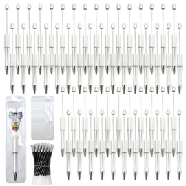 DASTTUIS 300 Pieces DIY Beadable Pens Kit - 100 plastic Beadable Pens Bulk, Refills & pen bags Included - Beaded Pens Black Ink Ballpoint Cute Pens（Silver）