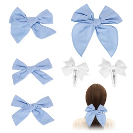 6pcs Hair Bow Clips, 4 Styles 5.9, 4.33, 3.93 & 2.36 Inch Hair Soft Cotton Linen Bowknot Ponytail Knot Bows Ribbon Alligator Barrettes Hair Accessories for Women Girls Daily Wearing (White & Blue)