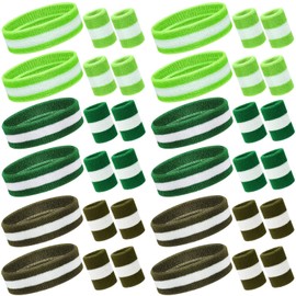 Eurzom 36 Pcs Striped Sweatband Set Include 12 Pcs Sweat Absorbing Neon Headbands and 24 Pcs 80s Athletic Cotton Wristbands for Men Women Sports Gym(Gradient Green, White)