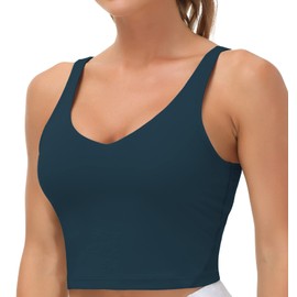 Women’s Longline Sports Bra Wirefree Padded Medium Support Yoga Bras Gym Running Workout Tank Tops(Dark Blue Green, Medium)