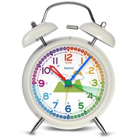 Eachui Doppelglockenwecker mit Nachtlicht, analoger Wecker für Kinder ohne Ticken, lauter Alarm, geräuschlos, batteriebetrieben, Retro-Design für Jungen und Mädchen (Weiß)