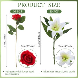 Hotop 20 Pcs Artificial Flowers Velvet Realistic Roses and Latex Lilies Flowers Bouquet Decorations Arrangements for Valentine's Day Decor Home Table Centerpiece(White, Red)