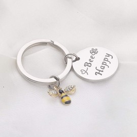 bobauna Bee Happy Keychain With Bumble Bee Chram Bee Jewelry Motivational Gift For Friend Family (bee happy keychain)